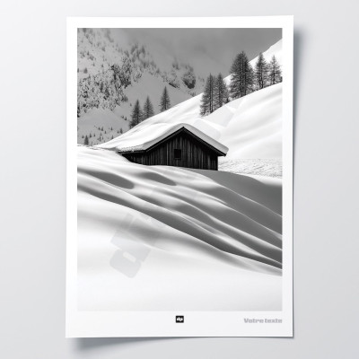 Black-and-white poster, photograph of a refuge lost in the snowy mountains, for modern design decor. Black-and-white poster, photograph of a refuge lost in the snowy mountains, for modern design decor.