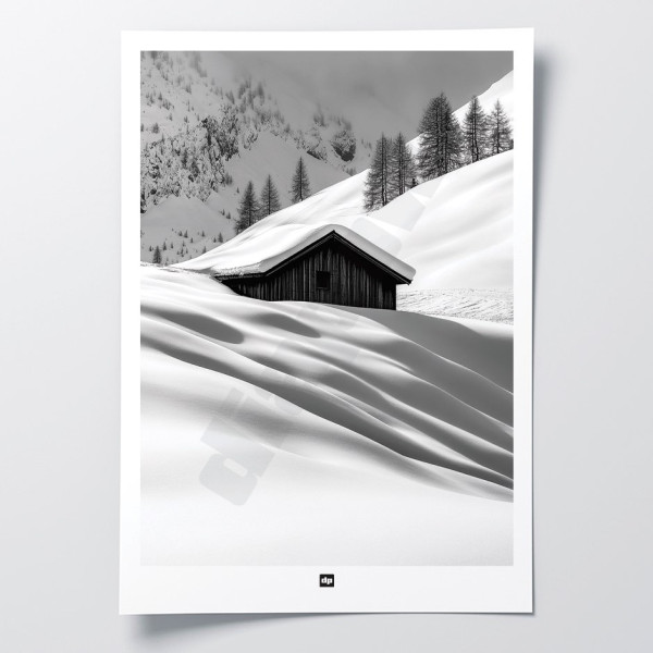 Black-and-white poster, photograph of a refuge lost in the snowy mountains, for modern design decor.