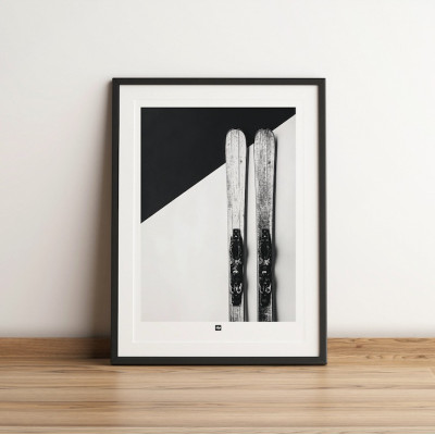 Black and white poster, photograph of a pair of skis, for a modern, designer look. Black and white poster, photograph of a pair of skis, for a modern, designer look.