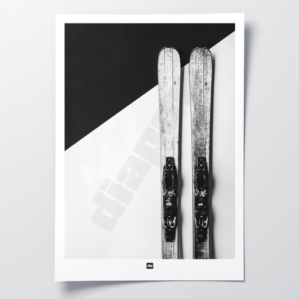 Black and white poster, photograph of a pair of skis, for a modern, designer look.