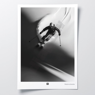 Black-and-white photograph of a skier in the powder, modern design wall poster. Black-and-white photograph of a skier in the powder, modern design wall poster.