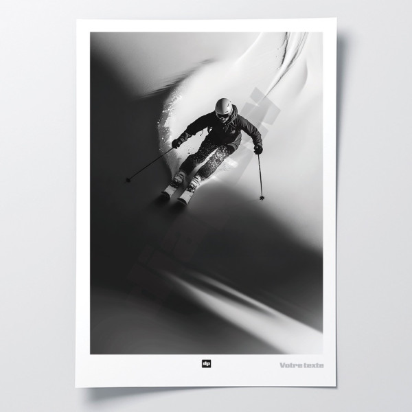 Black-and-white photograph of a skier in the powder, modern design wall poster.