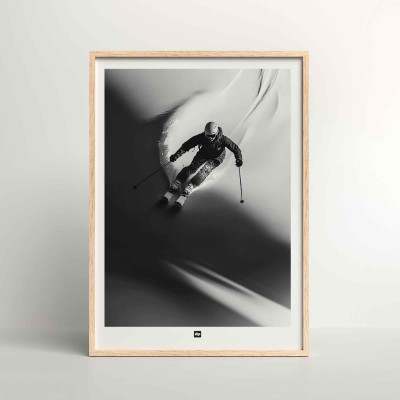 Black-and-white photograph of a skier in the powder, modern design wall poster. Black-and-white photograph of a skier in the powder, modern design wall poster.