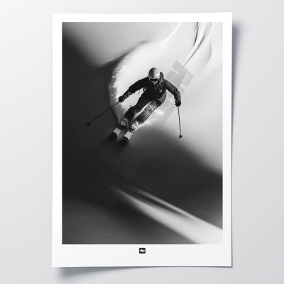 Black-and-white photograph of a skier in the powder, modern design wall poster. Black-and-white photograph of a skier in the powder, modern design wall poster.
