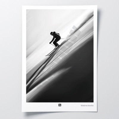 Photographie en noir et blanc d’un skieur dévalant une piste tout schuss, une affiche murale moderne et design. Photographie en noir et blanc d’un skieur dévalant une piste tout schuss, une affiche murale moderne et design.