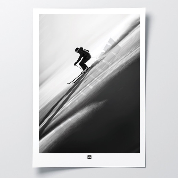 Una fotografia in bianco e nero di uno sciatore che si lancia lungo una pista, un poster da parete moderno e di design.