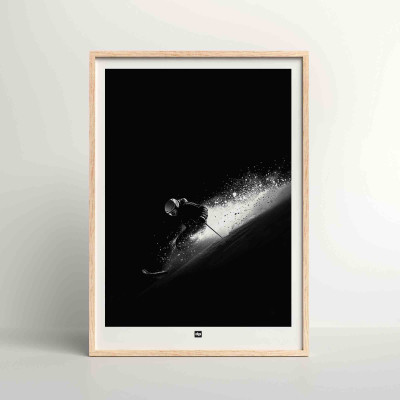 Black and white photograph of a skier in powder snow, contrasting white snow and black background, modern design decoration. Black and white photograph of a skier in powder snow, contrasting white snow and black background, modern design decoration.