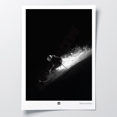 Black and white photograph of a skier in powder snow, contrasting white snow and black background, modern design decoration. Black and white photograph of a skier in powder snow, contrasting white snow and black background, modern design decoration.