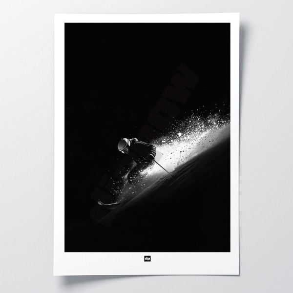 Black and white photograph of a skier in powder snow, contrasting white snow and black background, modern design decoration.