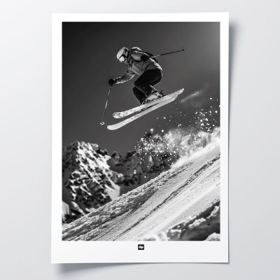 Skier jumping in the powder, dynamic black and white photo for design wall decoration Skier jumping in the powder, dynamic black and white photo for design wall decoration