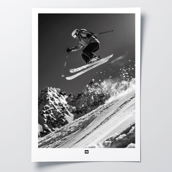 Skier jumping in the powder, dynamic black and white photo for design wall decoration