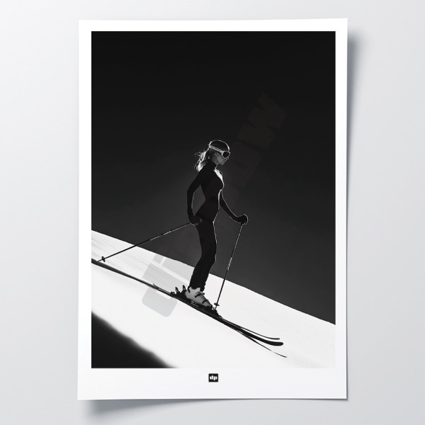 Black and white photo of a downhill skier. Ski design wall poster for modern interior design.