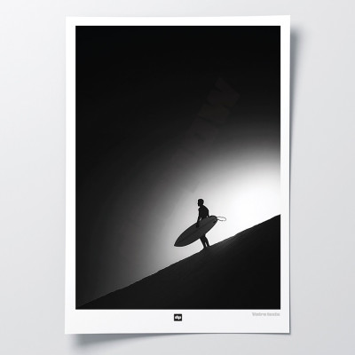 Black and white photo of a surf departure. Design wall poster of surfing at sea for modern interior decoration. Black and white photo of a surf departure. Design wall poster of surfing at sea for modern interior decoration.