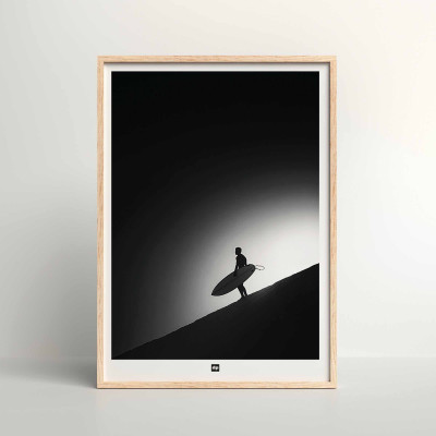 Black and white photo of a surf departure. Design wall poster of surfing at sea for modern interior decoration. Black and white photo of a surf departure. Design wall poster of surfing at sea for modern interior decoration.