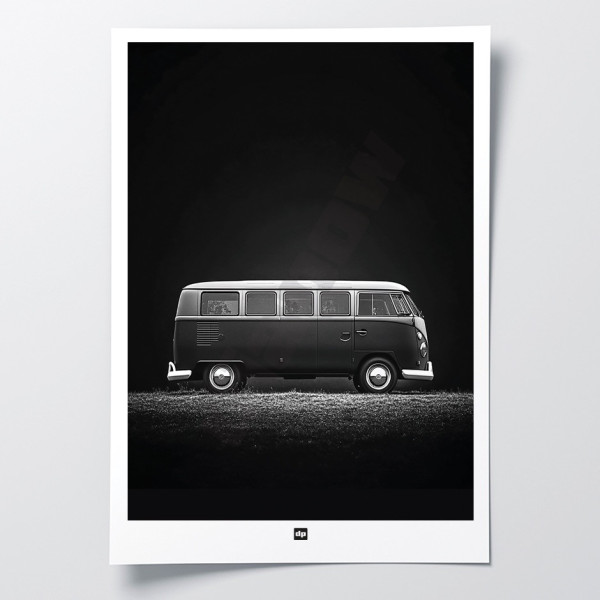 Schwarz-Weiß-Foto eines Vans für einen Roadtrip. Design-Wandposter für moderne Innendekoration.