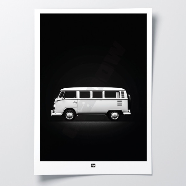 Black and white photo of a van for a road trip. Design wall poster for modern interior decoration.