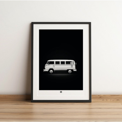 Foto in bianco e nero di un furgone per un viaggio in auto. Poster murale di design per la decorazione di interni moderni. Foto in bianco e nero di un furgone per un viaggio in auto. Poster murale di design per la decorazione di interni moderni.