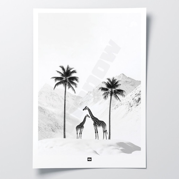 Black and white photo of a snowy savannah with giraffes. Design wall poster for modern interior decoration.