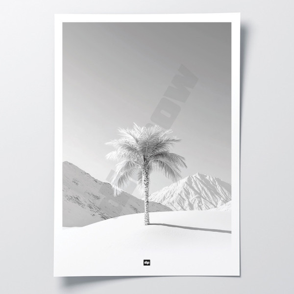 Schwarz-Weiß-Foto einer Palme inmitten einer verschneiten Landschaft. Beruhigendes Design-Wandposter.