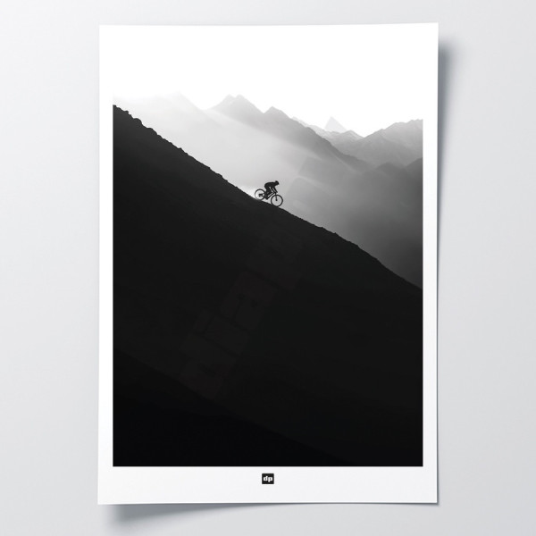 Black and white photo of a mountain bike ride. Design wall poster for modern decor.