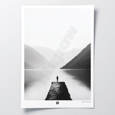 Photo noir et blanc d’un ponton au bord d'un lac entre les montagnes. Affiche murale design pour décoration moderne. Photo noir et blanc d’un ponton au bord d'un lac entre les montagnes. Affiche murale design pour décoration moderne.