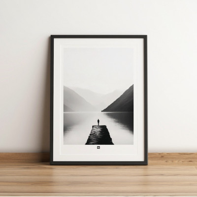Photo noir et blanc d’un ponton au bord d'un lac entre les montagnes. Affiche murale design pour décoration moderne. Photo noir et blanc d’un ponton au bord d'un lac entre les montagnes. Affiche murale design pour décoration moderne.