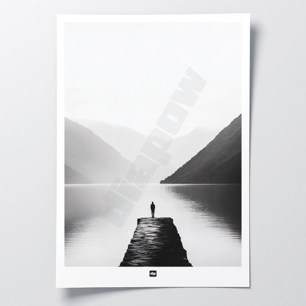 Black and white photo of a pontoon on the edge of a lake between the mountains. Design wall poster for modern decor.
