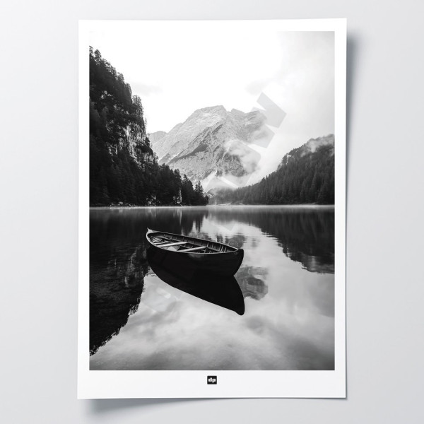 Black and white photo of a pontoon on the edge of a lake between the mountains. Design wall poster for modern decor.