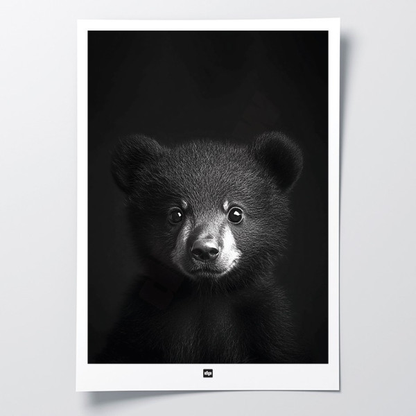 Schwarz-Weiß-Poster, minimalistische Fotografie, Design-Wanddekoration eines Braunbär-Babys für moderne Innenräume.