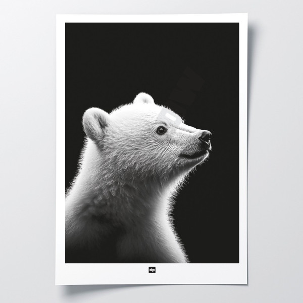 Affiche noir et blanc, photographie minimaliste, décoration murale design d'un bébé ours polaire pour intérieur moderne.