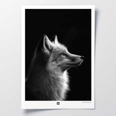 Affiche noir et blanc, photographie minimaliste, décoration murale design d'un renard pour intérieur moderne. Affiche noir et blanc, photographie minimaliste, décoration murale design d'un renard pour intérieur moderne.