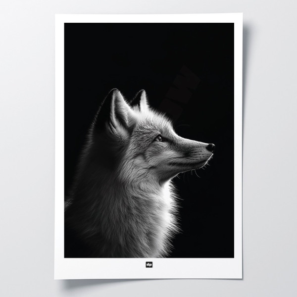 Poster in bianco e nero, fotografia minimalista, decorazione murale di design di una volpe per un interno moderno.