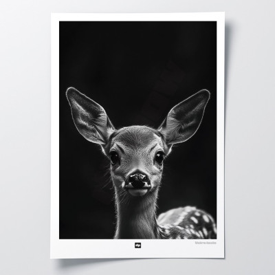 Poster in bianco e nero, fotografia minimalista, decorazione murale di design di un piccolo cerbiatto per un interno moderno. Poster in bianco e nero, fotografia minimalista, decorazione murale di design di un piccolo cerbiatto per un interno moderno.