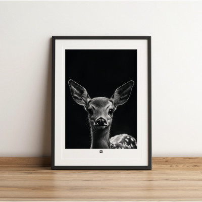 Poster in bianco e nero, fotografia minimalista, decorazione murale di design di un piccolo cerbiatto per un interno moderno. Poster in bianco e nero, fotografia minimalista, decorazione murale di design di un piccolo cerbiatto per un interno moderno.