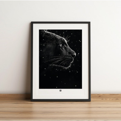 Affiche noir et blanc, photographie minimaliste, décoration murale design d'une panthère noire pour intérieur moderne. Affiche noir et blanc, photographie minimaliste, décoration murale design d'une panthère noire pour intérieur moderne.