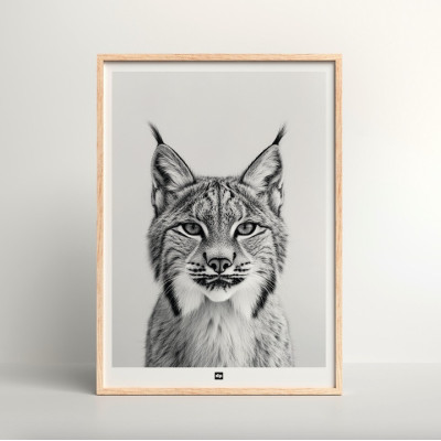Affiche noir et blanc, photographie minimaliste, décoration murale design d'un lynx pour intérieur moderne. Affiche noir et blanc, photographie minimaliste, décoration murale design d'un lynx pour intérieur moderne.