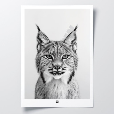 Poster in bianco e nero, fotografia minimalista, decorazione murale di design di una lince per un interno moderno. Poster in bianco e nero, fotografia minimalista, decorazione murale di design di una lince per un interno moderno.