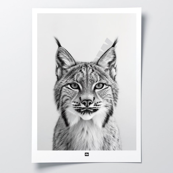 Affiche noir et blanc, photographie minimaliste, décoration murale design d'un lynx pour intérieur moderne.