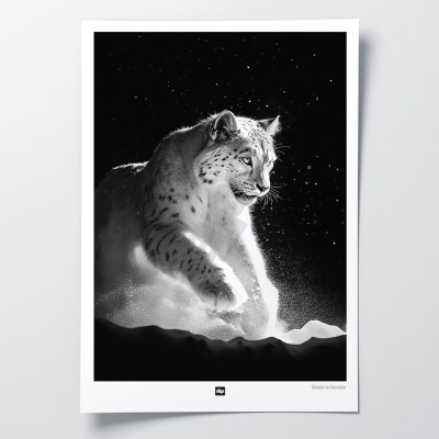 Affiche noir et blanc, photographie minimaliste, décoration murale design d'une panthère des neiges pour intérieur moderne. Affiche noir et blanc, photographie minimaliste, décoration murale design d'une panthère des neiges pour intérieur moderne.