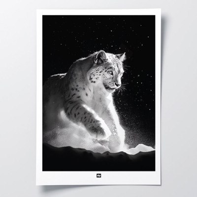 Poster in bianco e nero, fotografia minimalista, decorazione murale di design di un leopardo delle nevi per un interno moderno. Poster in bianco e nero, fotografia minimalista, decorazione murale di design di un leopardo delle nevi per un interno moderno.