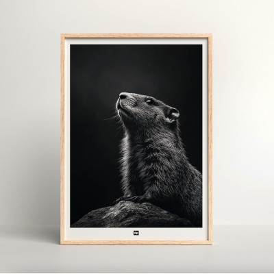 Black and white poster, minimalist photography, design wall decoration of a groundhog for a modern interior. Black and white poster, minimalist photography, design wall decoration of a groundhog for a modern interior.
