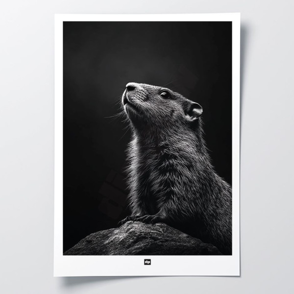 Black and white poster, minimalist photography, design wall decoration of a groundhog for a modern interior.