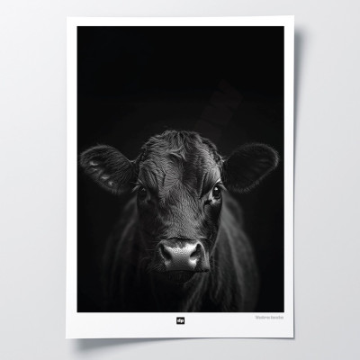 Affiche noir et blanc, photographie minimaliste, décoration murale design d'une vache noire pour intérieur moderne. Affiche noir et blanc, photographie minimaliste, décoration murale design d'une vache noire pour intérieur moderne.