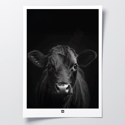 Black and white poster, minimalist photography, design wall decoration of a black cow for modern interiors. Black and white poster, minimalist photography, design wall decoration of a black cow for modern interiors.