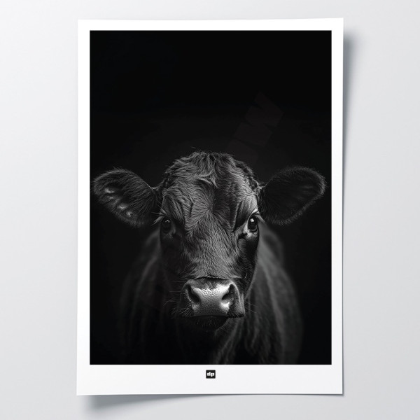 Affiche noir et blanc, photographie minimaliste, décoration murale design d'une vache noire pour intérieur moderne.