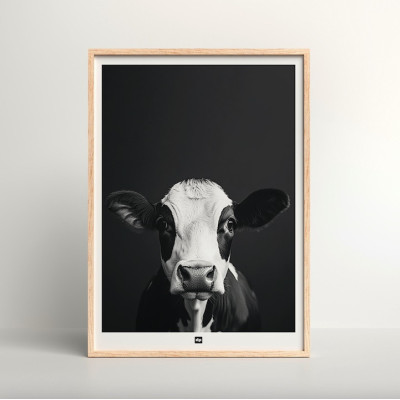 Poster in bianco e nero, fotografia minimalista, decorazione murale di design di una mucca per un interno moderno. Poster in bianco e nero, fotografia minimalista, decorazione murale di design di una mucca per un interno moderno.