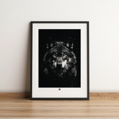Affiche noir et blanc, photographie minimaliste, décoration murale design d'un loup pour intérieur moderne. Affiche noir et blanc, photographie minimaliste, décoration murale design d'un loup pour intérieur moderne.