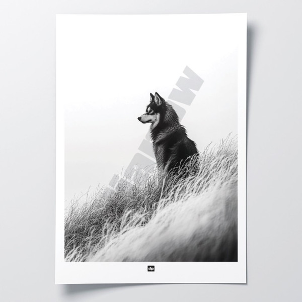 Affiche noir et blanc, photographie minimaliste, décoration murale design d'un loup des près pour intérieur moderne.