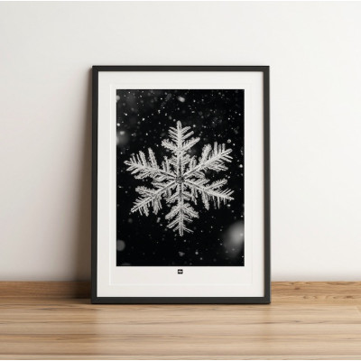 Schwarz-Weiß-Foto einer Schneeflocke. Design-Wandposter Winter für designorientierte und moderne Innendekoration. Schwarz-Weiß-Foto einer Schneeflocke. Design-Wandposter Winter für designorientierte und moderne Innendekoration.