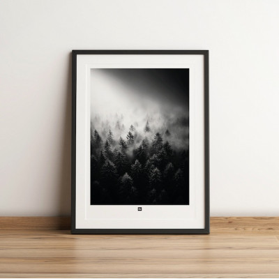 Schwarz-Weiß-Foto eines Waldes im Nebel. Winterliches Wandposter für moderne Innendekoration und Design. Schwarz-Weiß-Foto eines Waldes im Nebel. Winterliches Wandposter für moderne Innendekoration und Design.